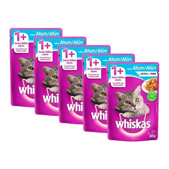 Imagem de Ração Úmida para Gatos Whiskas Adulto 1+ Anos Sabor Atum ao Molho 85g  Kit com cinco unidades
