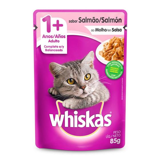 Imagem de Ração Úmida para Gatos Whiskas Adulto 1+ Anos Sabor Salmão ao Molho em Sachê 85g