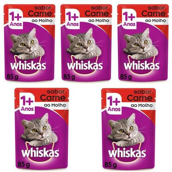 Imagem de Ração Úmida Pedigree Whiskas Sachê Para Gatos Castrados Sabor Carne Kit Com 5 Unidades 85g