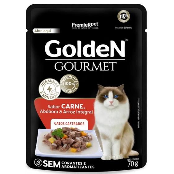 Imagem de Ração Úmida Sachê GoldeN Gourmet para Gatos Adultos Castrados Sabor Carne 70gr