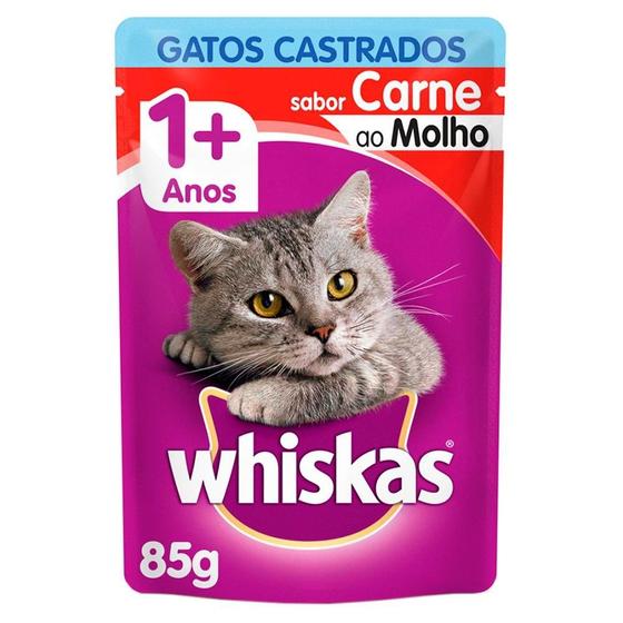 Imagem de Ração Úmida Whiskas Sachê Carne ao Molho para Gatos Adultos Castrados - 85 g