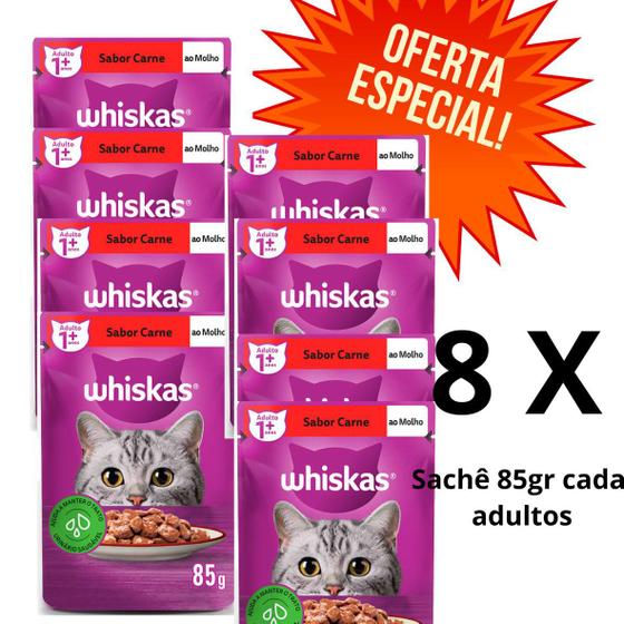 Imagem de Ração Úmida Whiskas Sachê para Gatos Adultos Sabor Carne ao Molho - 85g 8 UNIDADES