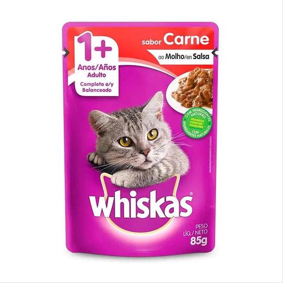 Imagem de Ração Úmida Whiskas Sachê para Gatos Adultos Sabor Carne ao Molho 85g