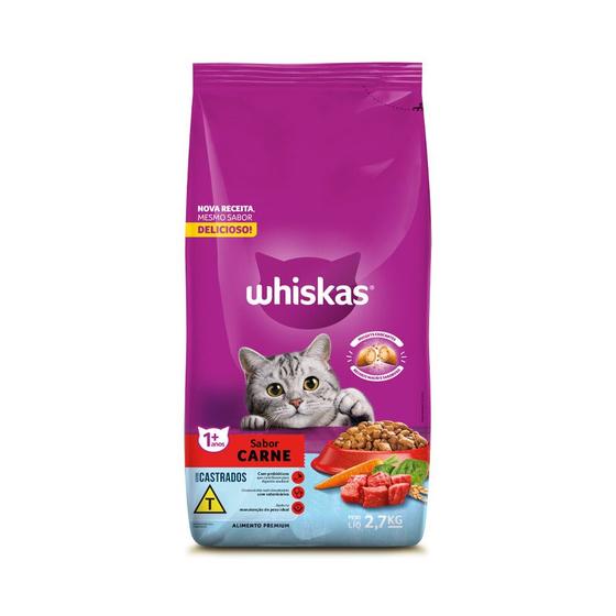 Ração Whiskas para Gatos Adultos Castrados Sabor Carne - 2,7Kg Imagem de Ração Whiskas para Gatos Adultos Castrados Sabor Carne - 2,7Kg