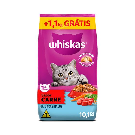 Imagem de Ração Whiskas Para Gatos Adultos Castrados Sabor Carne Leve 10,1kg Pague 9kg