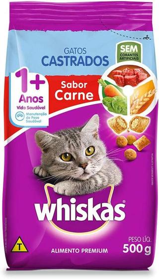 Imagem de Ração WHISKAS para Gatos Castrados Carne pacote 500g Ração Whiskas para Gatos Adultos Castrados Sabor Carne - 500g