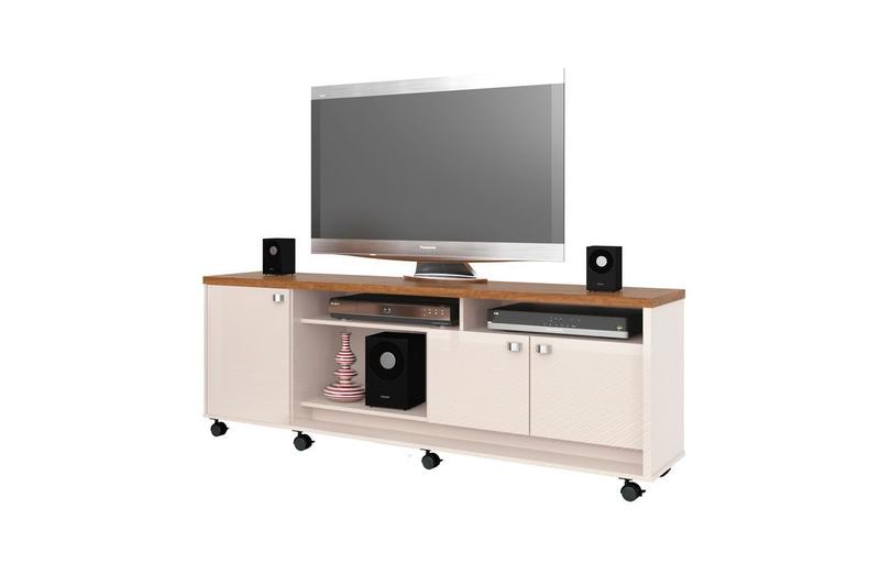 Rack Bancada Dallas P/ TV Com Rodízios Cor Off White/Amendoa Menor preço em Rack Bancada Dallas P/ TV Com Rodízios Cor Off White/Amendoa