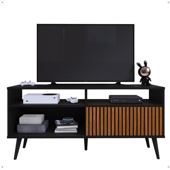Imagem de Rack Bancada Home Samba Estante Tv 55 Polegadas Nicho Organizador Porta Correr Sala Quarto Pequeno Retrô - Preto/Ripado - RPM