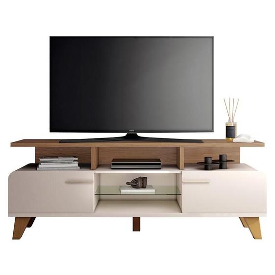 Rack Bancada para Sala Essenza 1.6 Off White Castanho HB Móveis - HB Moveis Imagem de Rack Bancada para Sala Essenza 1.6 Off White Castanho HB Móveis
