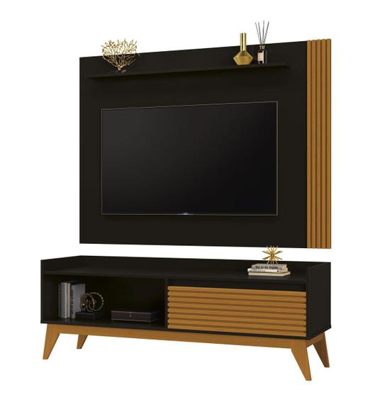Imagem de Rack com Painel Audax 1.48 Preto com Cedro Natural - MóveisAqui