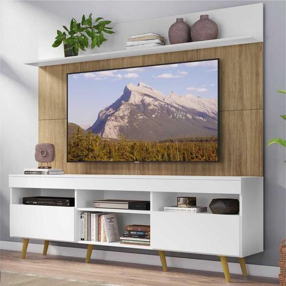 Imagem de Rack com Painel e Suporte TV 65" Madri Multimóveis Branco/Rustic com Prateleira e Pés Retrô Natural