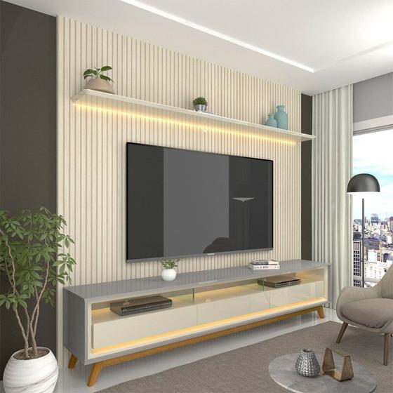 Imagem de Rack com Painel Impressão Ripada para TV até 90 Polegadas com LED com Pés Requinte 220cm 100% MDF
