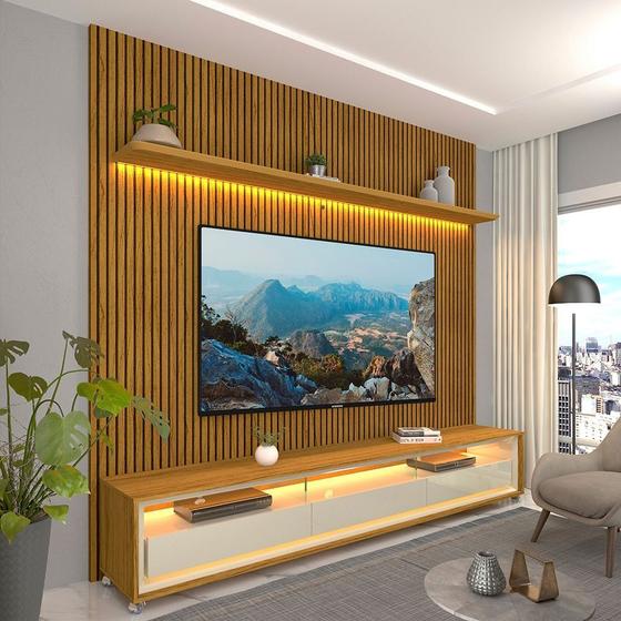 Imagem de Rack com Painel Impressão Ripada para TV até 90 Polegadas com LED com Rodízios Requinte 220cm 100% MDF