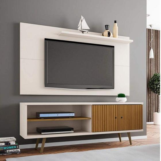 Rack com Painel para TV até 50 Polegadas Ônix Chanel Móveis Bechara Off White/Cinamomo/Ripado Menor preço em Rack com Painel para TV até 50 Polegadas Ônix Chanel Móveis Bechara Off White/Cinamomo/Ripado