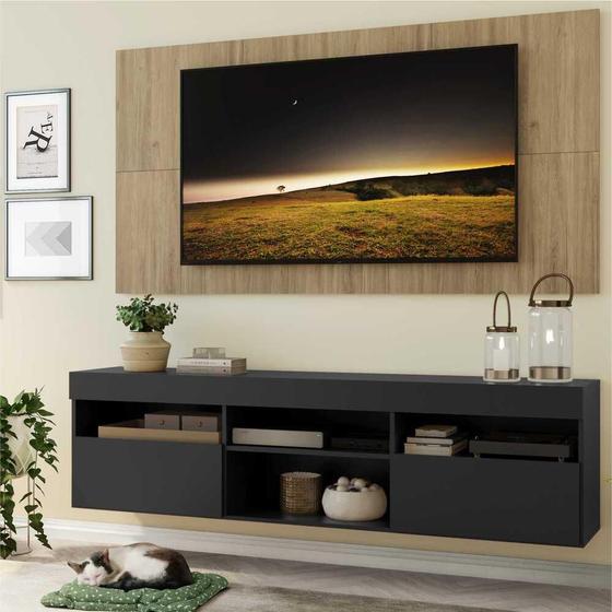 Imagem de Rack com Painel para TV até 65" Suspenso com 2 Portas Londres Multimóveis Preto/Rustic
