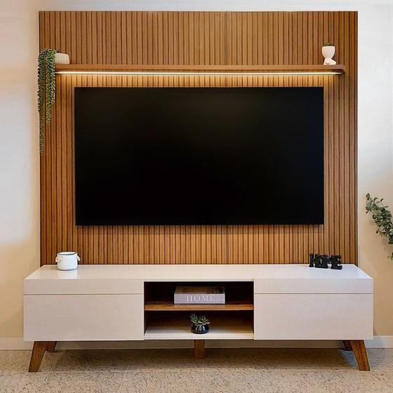 Menor preço em Rack com Painel para TV até 75 Polegadas Impressão Ripada 3D e LED London/Liverpool Pinho/Off White