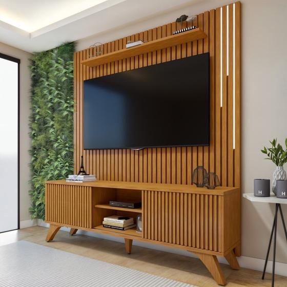 Imagem de Rack com Painel para TV até 75 Polegadas Ripado 100% MDF com LED 180cm Pés Madeira Maciça Gaia Paris