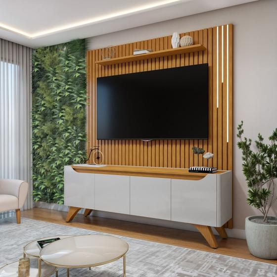 Imagem de Rack com Painel para TV até 75 Polegadas Ripado com Led 310x180cm Pés Madeira Maciça Grécia Paris