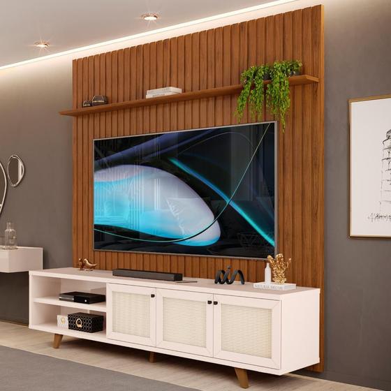Rack Com Painel Ripado 3 Portas TV Até 75 Polegadas Off White Retrô Pratic DJ Móveis Menor preço em Rack Com Painel Ripado 3 Portas TV Até 75 Polegadas Off White Retrô Pratic DJ Móveis