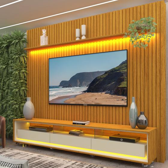 Rack com Painel Ripado para TV até 85 Polegadas LED 3 Gavetas com Rodízios 230cm Gelius Naturale 100% MDF Menor preço em Rack com Painel Ripado para TV até 85 Polegadas LED 3 Gavetas com Rodízios 230cm Gelius Naturale 100% MDF