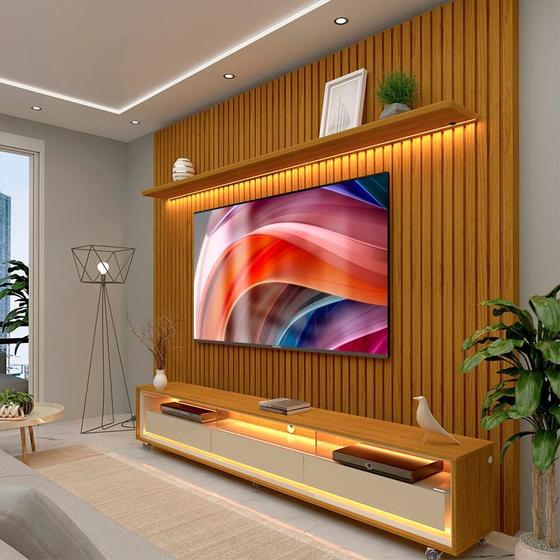 Imagem de Rack com Painel Ripado para TV até 85 Polegadas LED 3 Gavetas com Rodízios 230cm Gelius Naturale Naturale