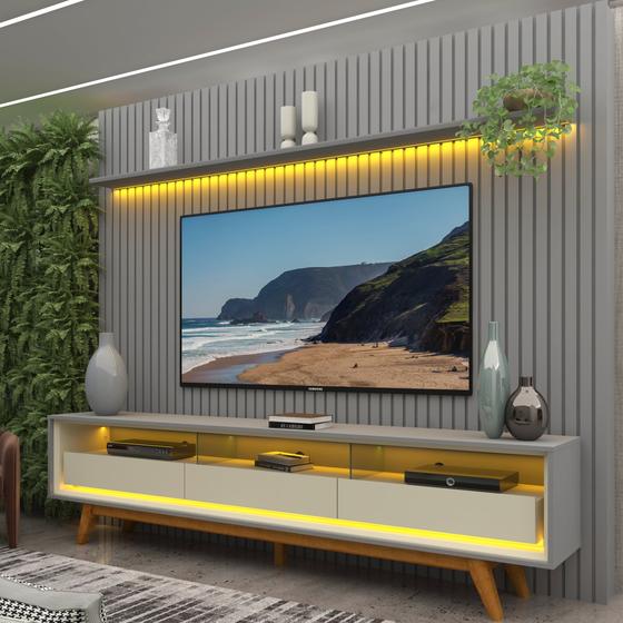Imagem de Rack com Painel Ripado para Tv até 90 Polegadas Led 3 Gavetas com Pés 230cm Nobre 100% MDF