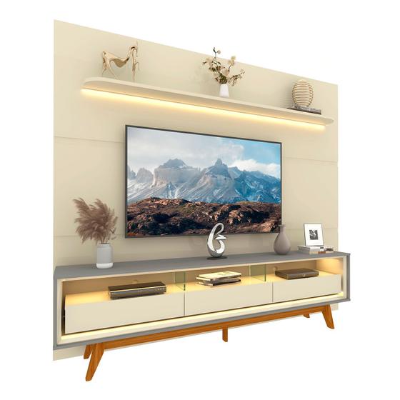 Imagem de Rack com Painel Royal/Requinte 2.2 C/Pés Madeira Off White com Cinza - Gelius Móveis