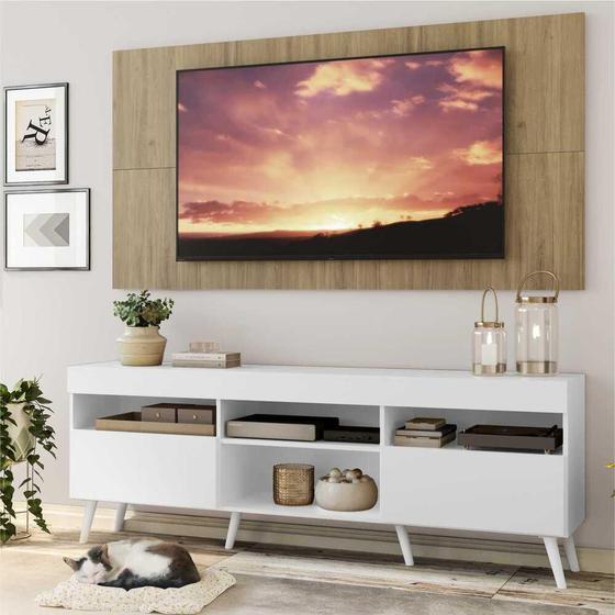 Imagem de Rack com Painel TV 65" Londres Multimóveis Pés Retrô e 2 portas Branco/Rustic/Branco