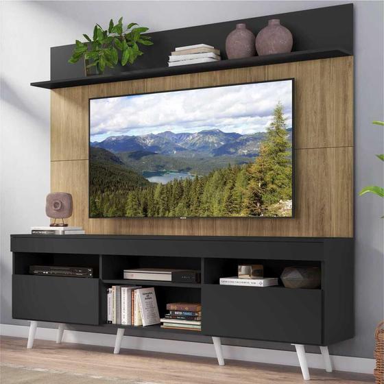 Imagem de Rack com Painel TV 65" Madri Multimóveis Preto/Rustic com Prateleira e Pés Retrô Branco