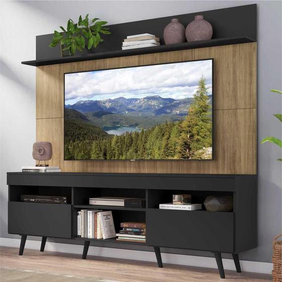 Imagem de Rack com Painel TV 65" Madri Multimóveis Preto/Rustic com Prateleira e Pés Retrô Preto