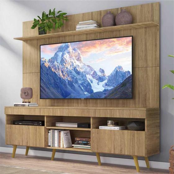 Imagem de Rack com Painel TV 65" Madri Multimóveis Rustic com Prateleira e Pés Retrô Natural