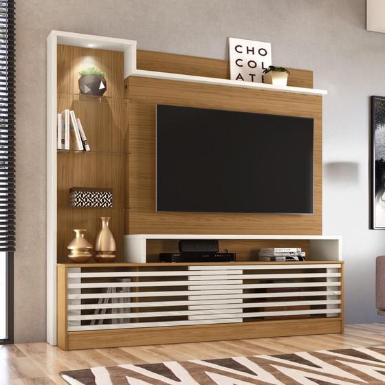 Rack E Painel Home Para TV Até 55 Polegadas 2 Portas Luz LED Sala de Estar Marrom Madeira Off White Menor preço em Rack E Painel Home Para TV Até 55 Polegadas 2 Portas Luz LED Sala de Estar Marrom Madeira Off White