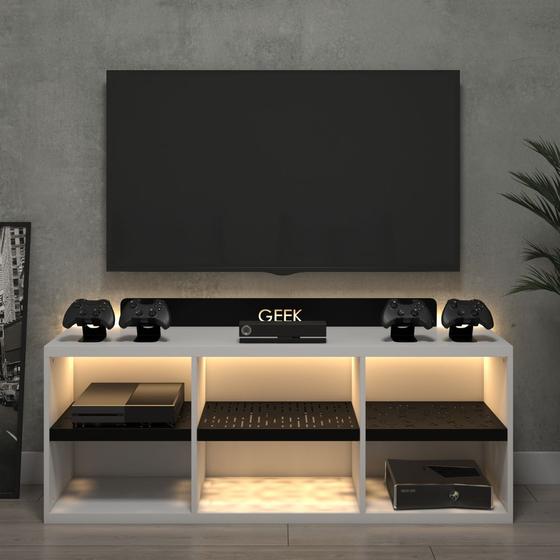 Rack Estante Bancada Gamer Geek Branco Sem Led Incluso Menor preço em Rack Estante Bancada Gamer Geek Branco Sem Led Incluso
