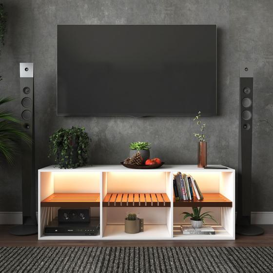 Imagem de Rack Estante Para TV Moderno Sala Quarto Bancada Madeira Branco Metal Cobre Rose Gold Com Led