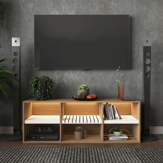 Rack Estante Para TV Moderno Sala Quarto Bancada Madeira Metal Branco Com Led Menor preço em Rack Estante Para TV Moderno Sala Quarto Bancada Madeira Metal Branco Com Led