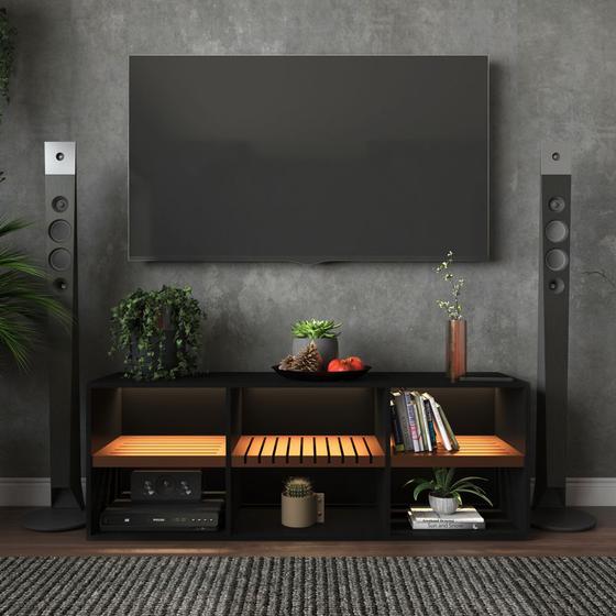 Rack Estilo Escandinavo Sala Industrial Preto Com Cobre Sem Led Incluso Menor preço em Rack Estilo Escandinavo Sala Industrial Preto Com Cobre Sem Led Incluso