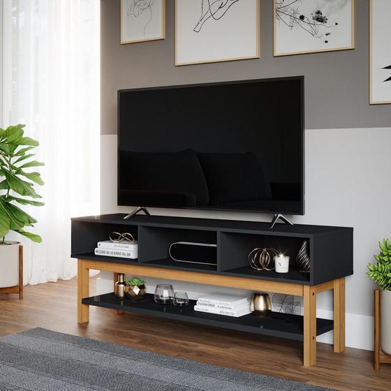 Rack Home Bancada Para TV Sala Quarto MDF 135cm Preta Chumbo Nature ...