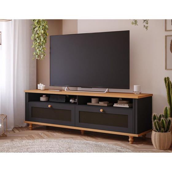 Imagem de Rack Home Bancada Para TV Sala Quarto MDF 180cm Preta Chumbo Nature Pés De Madeira - Permóbili