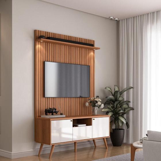 Imagem de Rack Movelove 2 Portas e 1 Gaveta com Painel Led Efeito Ripado para TV 70 Polegadas River 136cm