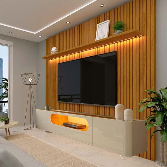 Rack Nobre Pés Vidro Com Painel Ripado Nobre TV 85 Pol 230x250 Gelius Naturale/Off White Menor preço em Rack Nobre Pés Vidro Com Painel Ripado Nobre TV 85 Pol 230x250 Gelius Naturale/Off White