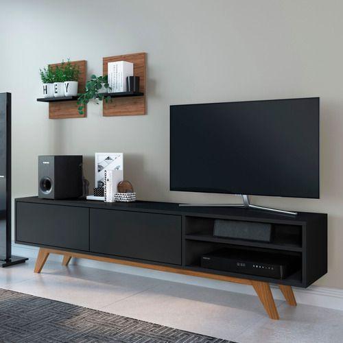 Rack Para Sala Com Abertura Touch - Pés Em Madeira Maciça Menor preço em Rack Para Sala Com Abertura Touch - Pés Em Madeira Maciça