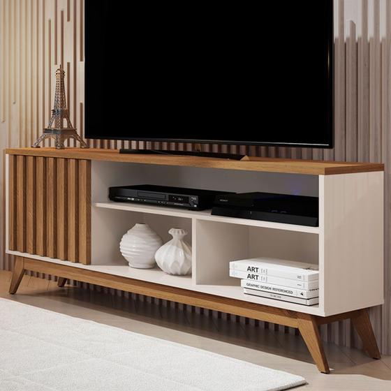 Rack para TV Até 55 Polegadas Malbec Wood Retrô 1 Porta 1 Prataleira Off White/Freijó - Giga Móveis Imagem de Rack para TV Até 55 Polegadas Malbec Wood Retrô 1 Porta 1 Prataleira Off White/Freijó - Giga Móveis