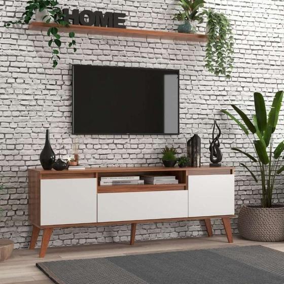 Imagem de Rack para TV com Prateleira 150cm Retro Mdf Nogal com Branco Dallas - On Móveis