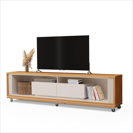 Imagem de Rack Status 2.20 Com Rodizios 2 Gav Mdp/MDF Carvalho Oro Off White Fazzio Moveis