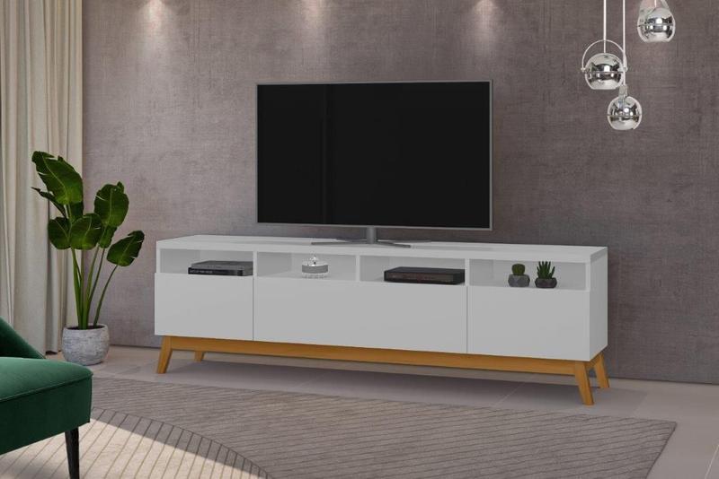 Imagem de Rack SUP 1.80m Estilo Retrô Com Pés em Madeira Com Nichos Para Aparelhos e Objetos de Decoração 3 Portas Para TV Até 70'' Cor Branco