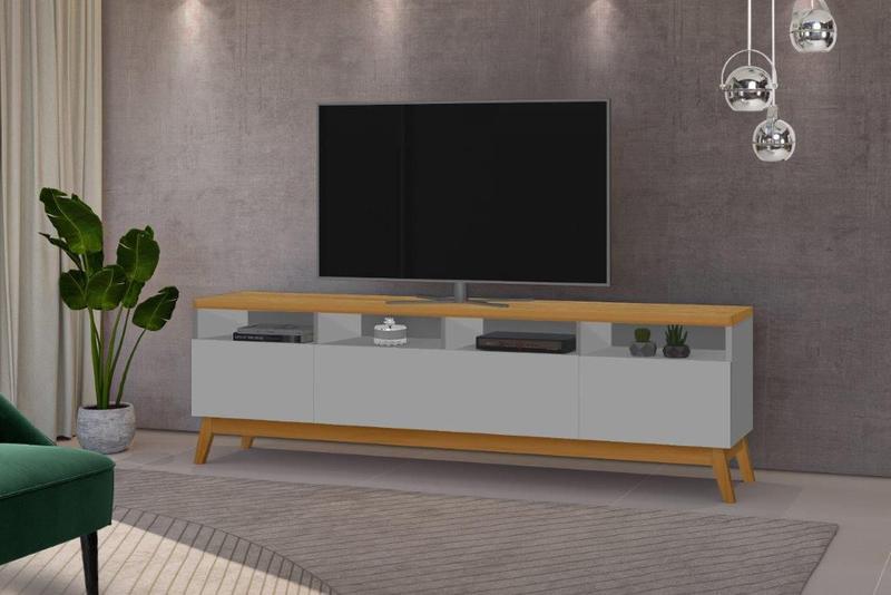 Imagem de Rack SUP 1.80m Estilo Retrô Com Pés em Madeira Com Nichos Para Aparelhos e Objetos de Decoração 3 Portas Para TV Até 70'' Cor Nature/Cinza