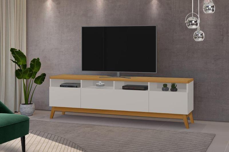 Imagem de Rack SUP 1.80m Estilo Retrô Com Pés em Madeira Com Nichos Para Aparelhos e Objetos de Decoração 3 Portas Para TV Até 70'' Cor Nature/Off