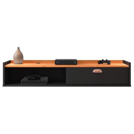 Imagem de Rack Suspenso Tv 1.20 Home Decor 1 Porta Puxador Concha Nicho Decorativo Organizador Sala Quarto - Preto/Cinamomo - RPM Móveis