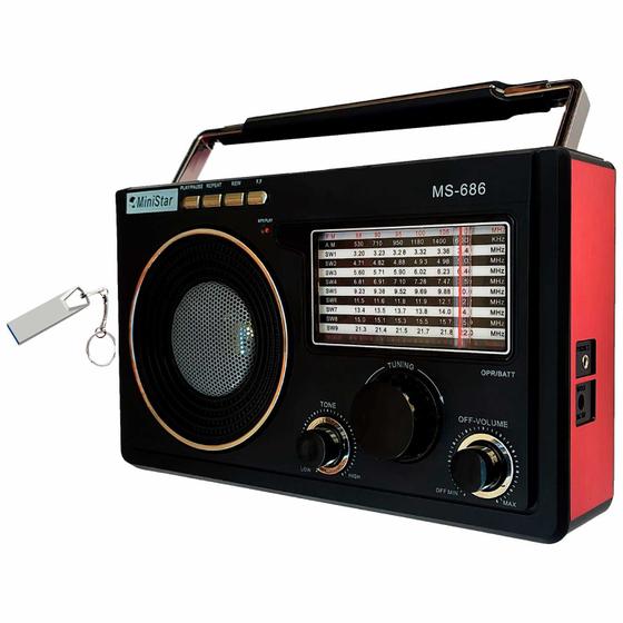 Imagem de Radio Am Fm Portátil Antigo Vintage Retro Energia Pilha Bluetooth Sd Antena Zona Rural Pen Drive 16Gb Metal Com Chaveiro