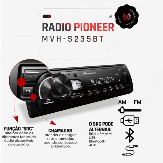 Rádio Automotivo Pioneer Mvh235 Controle Red Line Som Automotivo Pioneer Bluetooth C/ Antena Interna